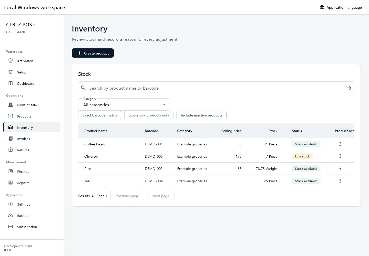 Inventory screen from CTRLZ POS+ with example data.