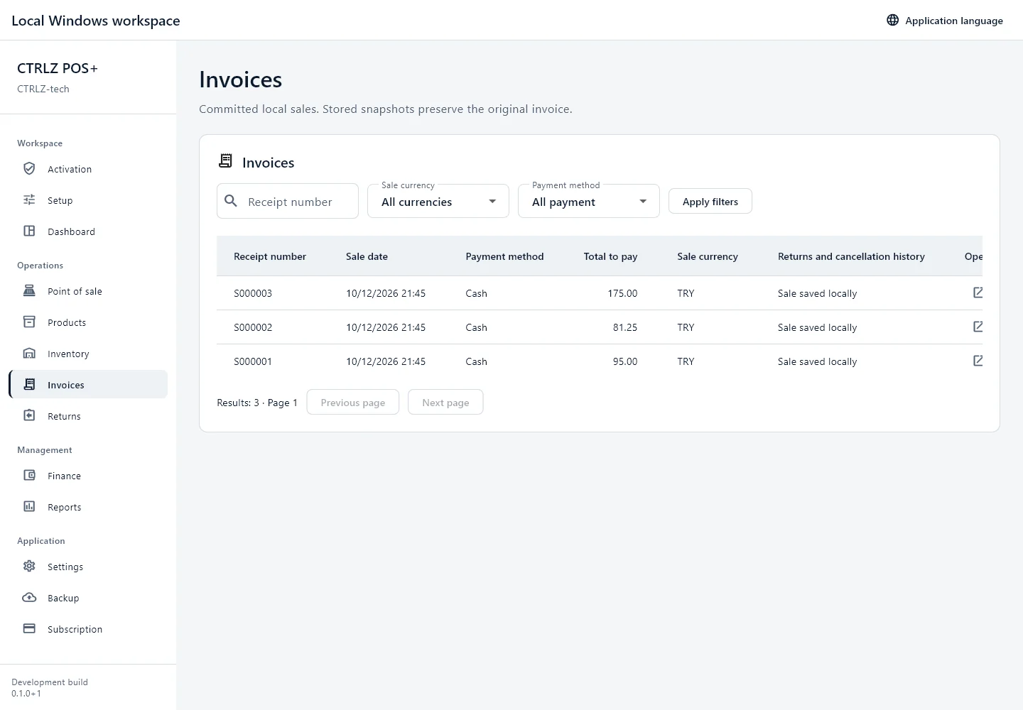 Invoices screen from CTRLZ POS+ with example data.