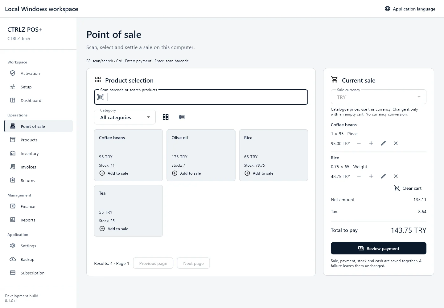 Point of sale screen from CTRLZ POS+ with example data.