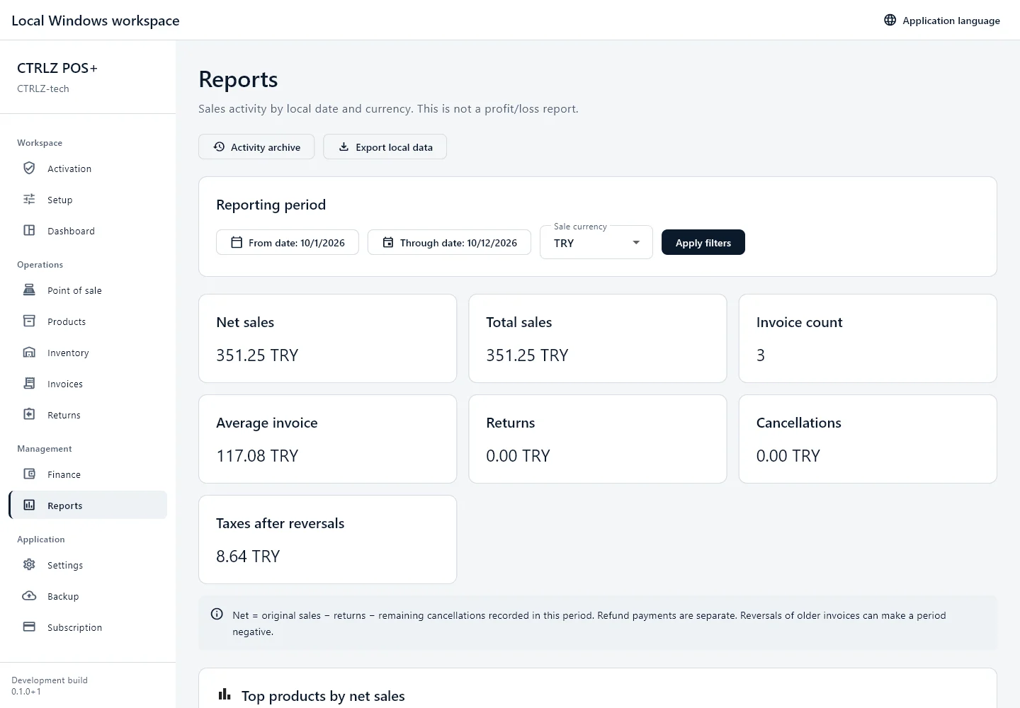 Reports screen from CTRLZ POS+ with example data.